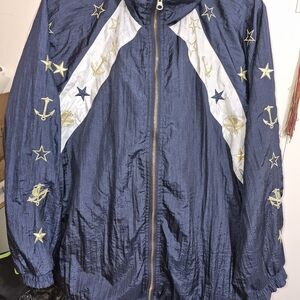 Maggie Barnes Navy Bomber Jacket with Star and Anchor Embroidery
